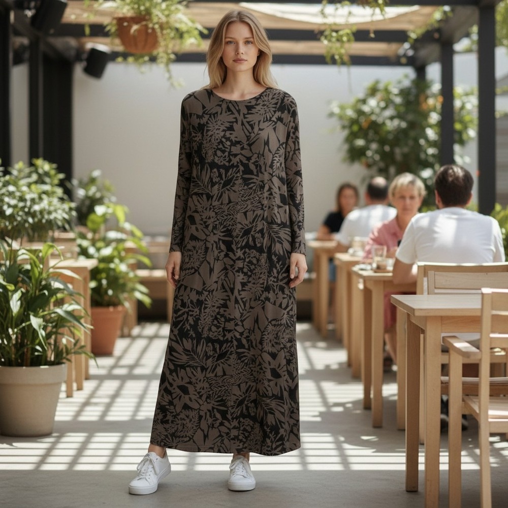 Bryn Walker oversized XS maxi dress brown/black floral long sleeve V neck O